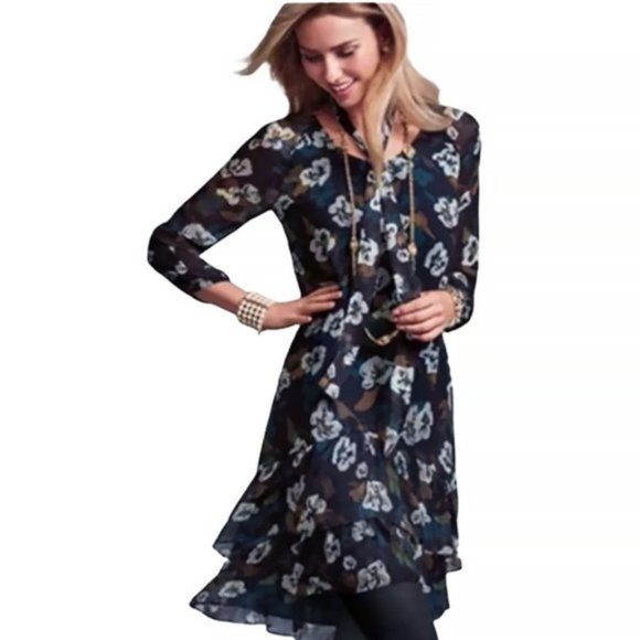 CAbi Dresses & Skirts - CAbi Pirouette Floral Semi Sheer Long Sleeve Tiered Dress Style 3460 Size XS